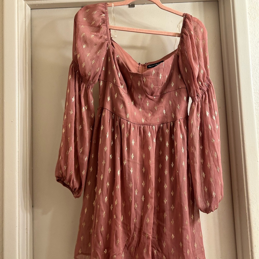Crystal Doll Pink Long Sleeve Dress with Gold Accents